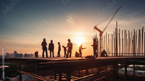 Construction engineers supervising progress of construction project stand on new concrete floor top roof and crane background photo