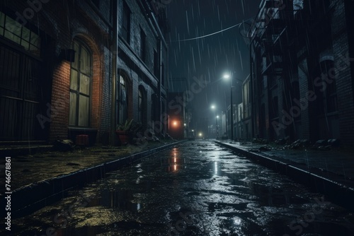 An eerie alley illuminated by a single street light. Suitable for urban or mystery themed projects photo