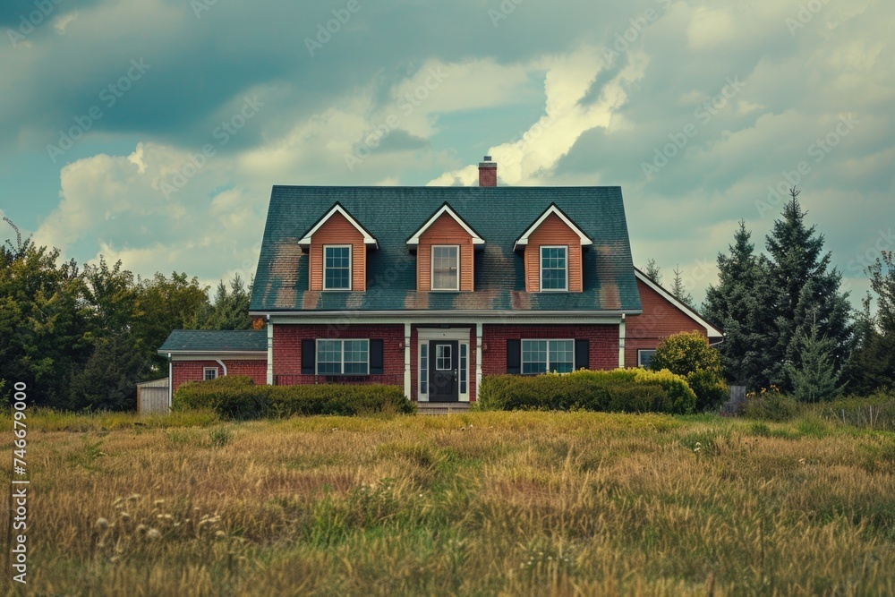 A red house standing in a field with trees in the background. Suitable for real estate or nature concepts