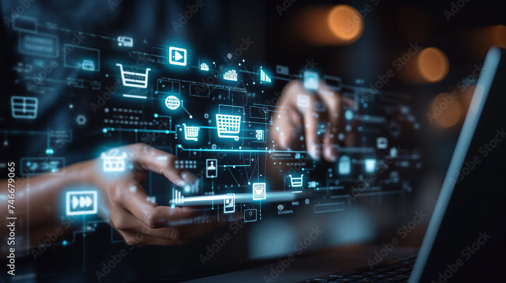 AR Shopping Vista Close-Up, Hands Hold Tablet, Exploring Online Retail Amid Virtual Holograms AR Shopping Vista Close-Up, Hands Hold Tablet, Exploring Online Retail Amid Virtual Holograms