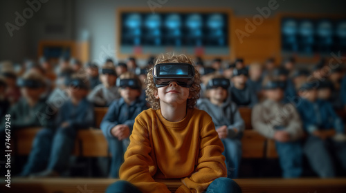 Exploring Digital Frontiers Child Wearing VR Glasses in Augmented Reality Classroom