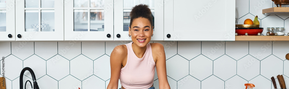 good looking joyous african american woman in comfy homewear smiling straight at camera, banner good looking joyous african american woman in comfy homewear smiling straight at camera, banner