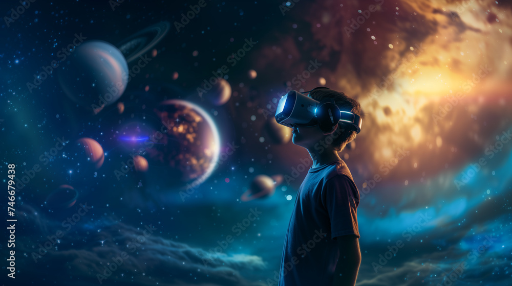 Obraz premium Tech-Savvy Explorer Kid Studies Solar System in VR
