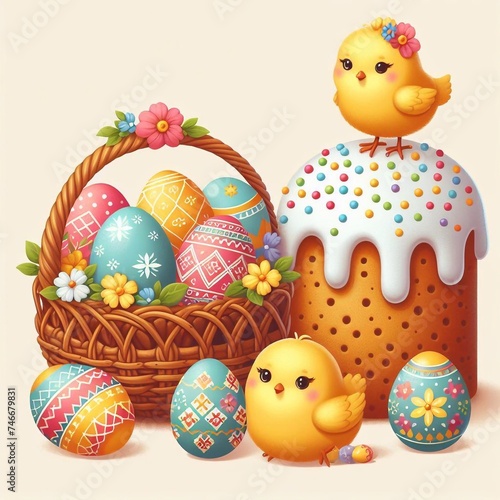 A Easter basket adorned with beautifully decorated eggs and a cute little chick.