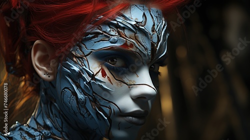a woman anime drawing a white and blue hand with red and blue hair, in the style of ritualistic masks, dark maroon and dark green, animated exuberance, blink-and-you-miss-it detail, vacation dadcore