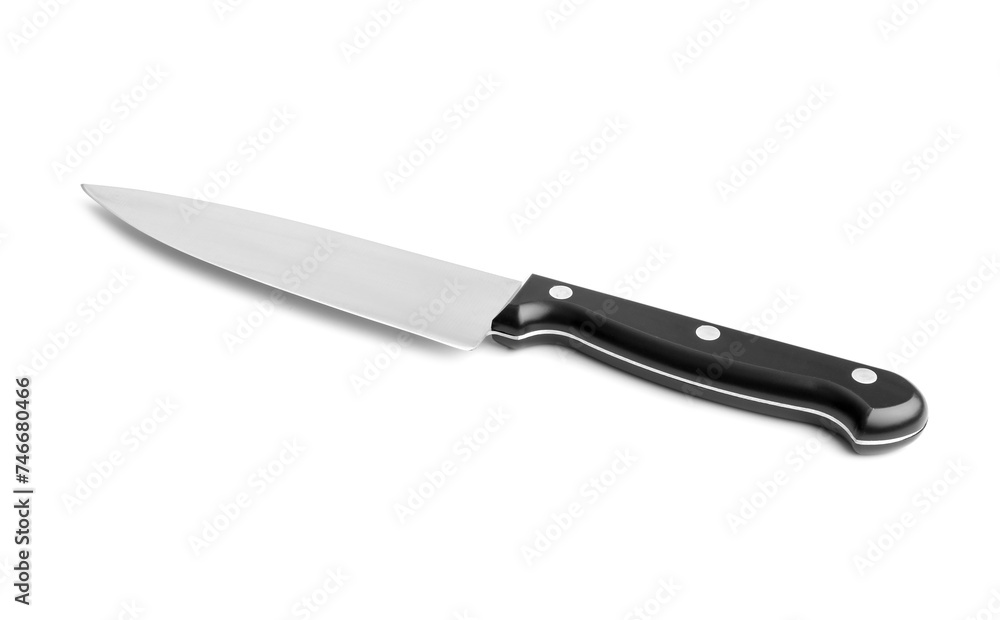 One sharp knife with black handle isolated on white One sharp knife with black handle isolated on white