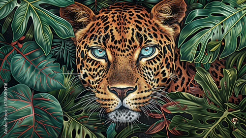 Majestic Leopard Peering Through Lush Jungle Foliage photo