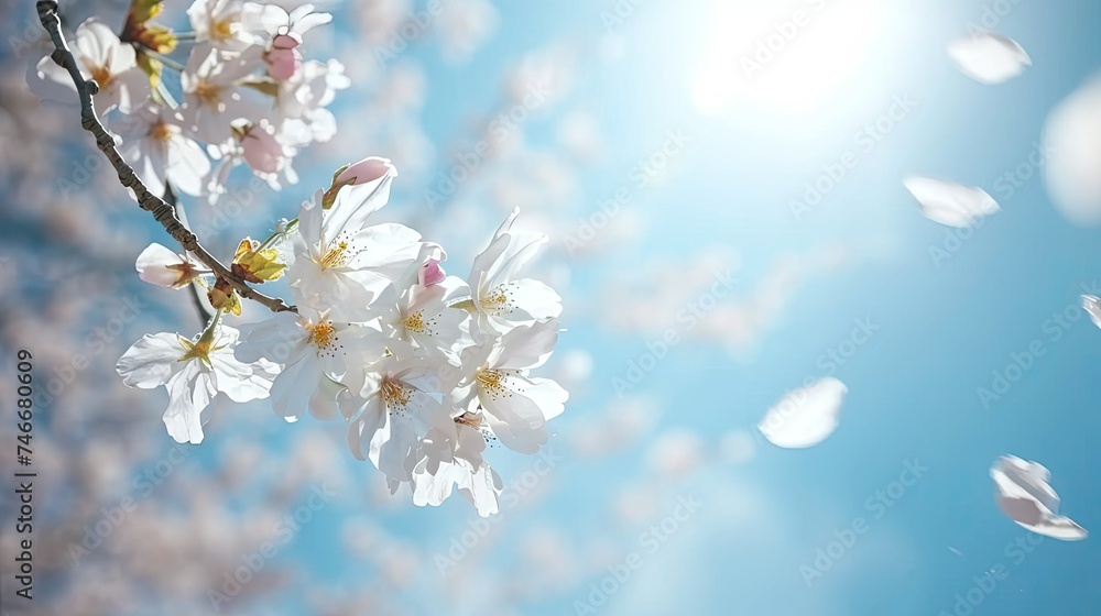 A delicate pink cherry blossom against a clear blue sky, embodying the beauty of spring.
