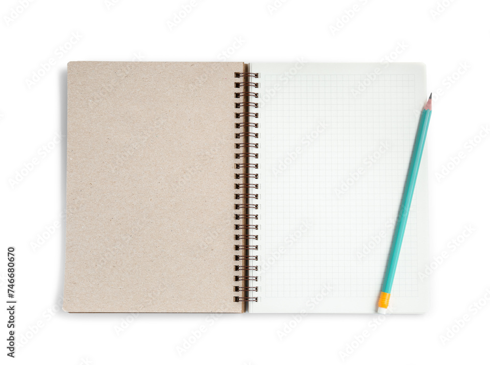 Notebook and pencil isolated on white, top view Notebook and pencil isolated on white, top view