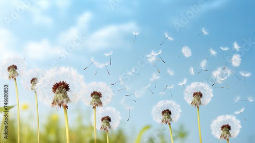 Dandelion flowers and flying seeds. Isolated on white