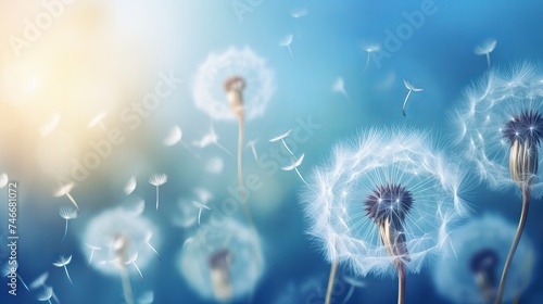 Dandelion seeds blowing wind  dreamy magical image with blue tones