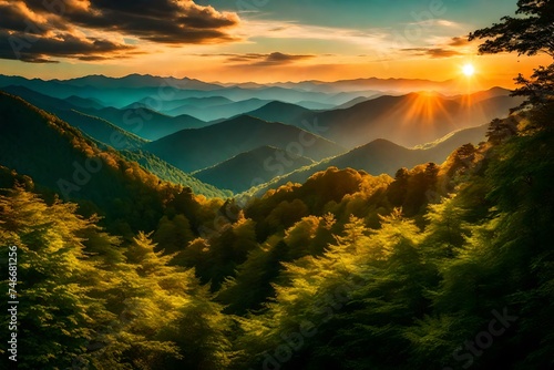 Sun setting behind the lush green mountains, casting a warm golden glow over the Great Smoky Mountains National Park. photo