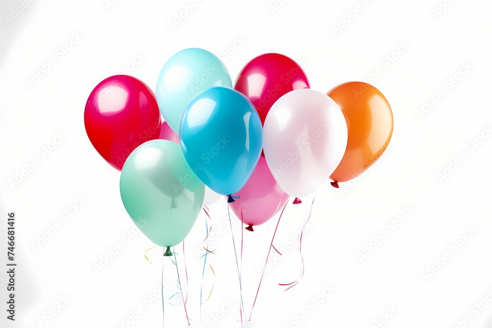 A festive display of helium-filled birthday balloons floating gracefully against a white backdrop, creating an atmosphere of celebration and joy.
