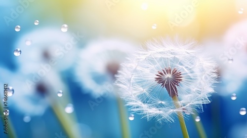 Dandelion Seeds in the drops of dew on a beautiful blurred background. Dandelions on a beautiful blue background. Drops of dew sparkle on the dandelion