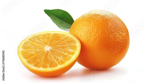 Isolated orange fruit cut in half with leaves  set against a white backdrop