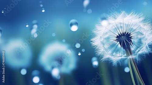 Dandelion Seeds in the drops of dew on a beautiful blurred background. Dandelions on a beautiful blue background. Drops of dew sparkle on the dandelion