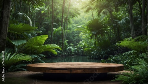 empty Wooden product display podium with green, tropical forest background . Eco-friendly concept . product presentation ideas 