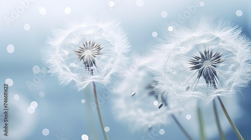 Dandelion with drops of dew in a silver color. Water drops on a parachutes dandelion on a beautiful silver background. Soft dreamy tender artistic image snowflake. Macro