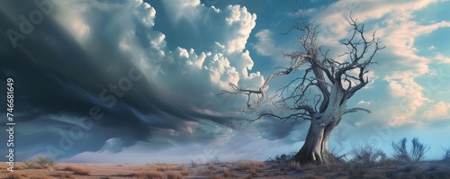 Tree in the Desert Under a Cloudy Sky