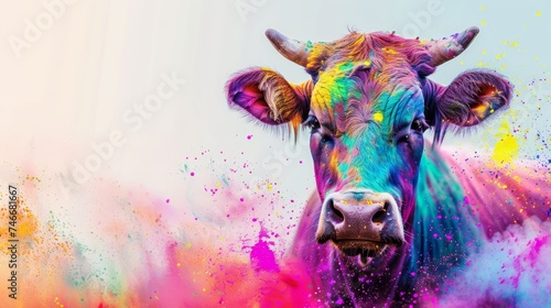 Holi festival of Colors, music, love, spring in India. Cow powdered of multi colors of powder, colorful rainbow background. Hindu happiness holiday, splash of vibrant paints. Bengali new year. India © Olena