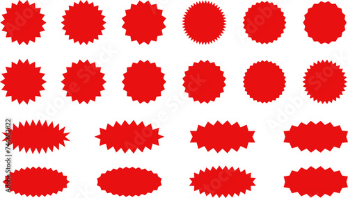 Starburst red sticker set - collection of special offer sale oval and round shaped sunburst labels and badges. Promo stickers with star edges. Promo advertising Vector.