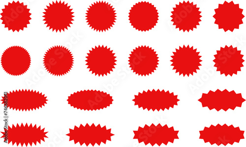Starburst red sticker set - collection of special offer sale oval and round shaped sunburst labels and badges. Promo stickers with star edges. Promo advertising Vector.