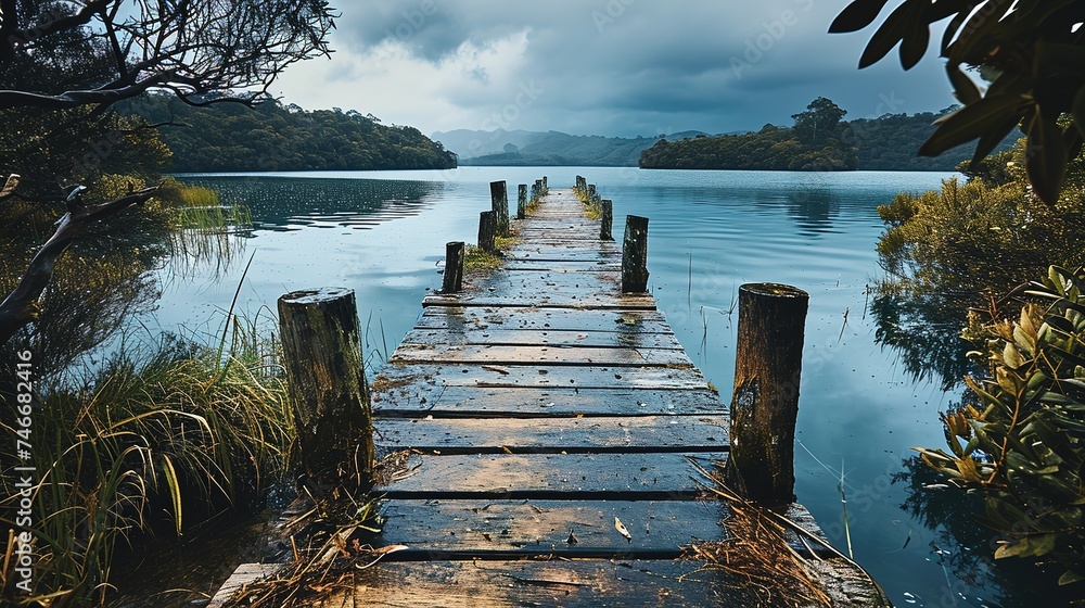 a wooden dock leading to a quiet lake at dusk, navy and aquamarine, creative commons attribution, landscape, serene faces - obrazy, fototapety, plakaty 