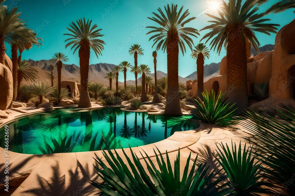 A fantastical desert oasis, where emerald-green palm trees and shimmering pools defy the arid landscape.