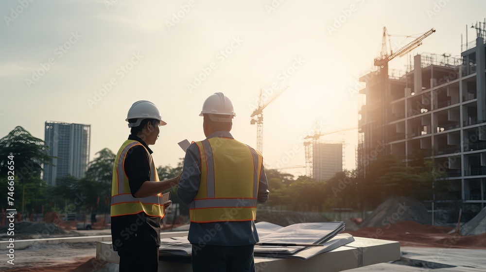 Engineers are consulting before ordering construction work on site. Construction teams are working in heavy industries, ground and safety concepts Engineers are consulting before ordering construction work on site. Construction teams are working in heavy industries, ground and safety concepts