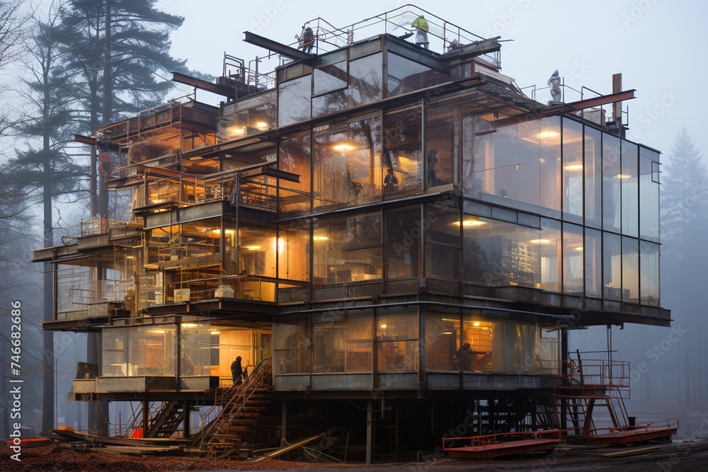 a wooden office building under construction, in the style of large canvas sizes, bauhaus photography, high quality, multi-layered, steel/iron frame construction, 8k a wooden office building under construction, in the style of large canvas sizes, bauhaus photography, high quality, multi-layered, steel/iron frame construction, 8k