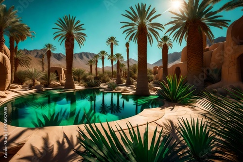 A fantastical desert oasis, where emerald-green palm trees and shimmering pools defy the arid landscape.