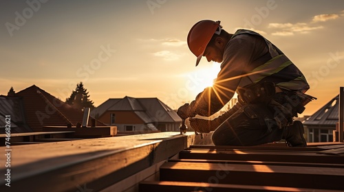 Engineer on a construction site at sunset. Working on the roof .