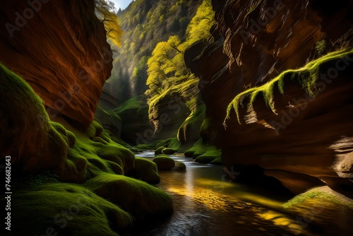 A bewitched canyon, where the play of light and shadow creates a captivating dance on the mossy canyon walls.