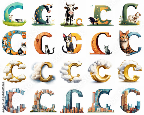 Group of various colourful C letters with pictures of words starting with the B letter isolated on white background. Generative ai illustration. Preschool education theme.