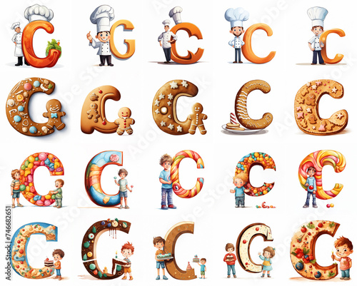 Group of various colourful C letters with pictures of words starting with the B letter isolated on white background. Generative ai illustration. Preschool education theme.