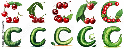 Group of various colourful C letters with pictures of words starting with the B letter isolated on white background. Generative ai illustration. Preschool education theme.