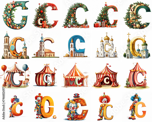 Group of various colourful C letters with pictures of words starting with the B letter isolated on white background. Generative ai illustration. Preschool education theme.