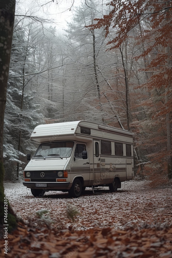 Camping in the forest of the motorhome . Holidays in a camper van