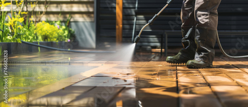 High-pressure cleaning of an outdoor patio amidst a refreshing splash.