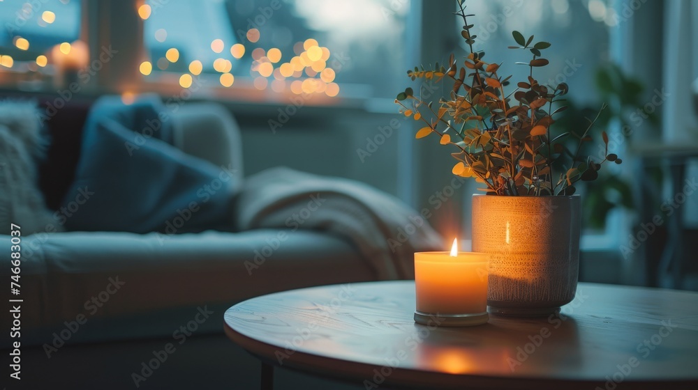 Table With Candle and Potted Plant