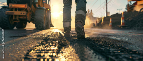 Worker's boots on freshly laid asphalt against sunset backdrop. © Ai Studio