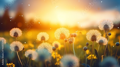 Floral summer spring background. Yellow dandelion flowers close-up in a field on nature on a dark blue green background in evening at sunset. Colorful artistic image  free copy space
