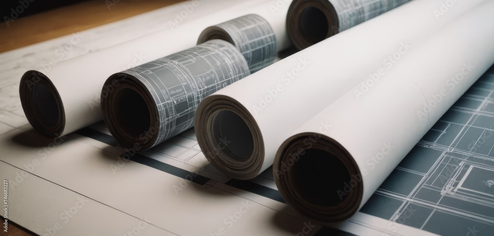 Fototapeta premium Paper architectural drawings and blueprint