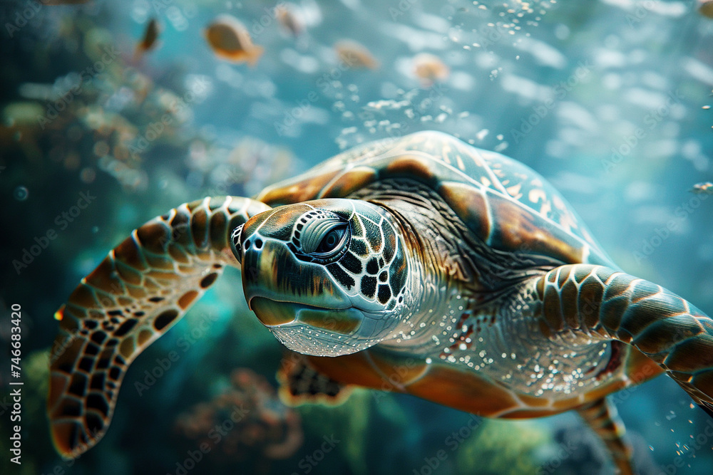 Stunning Sea Turtle Swimming Underwater Among Fish Stunning Sea Turtle Swimming Underwater Among Fish