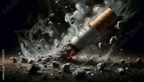 Cigarette butt being crushed, with fine details such as textured ash