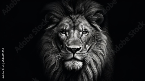 Graphic black and white lion portrait on black