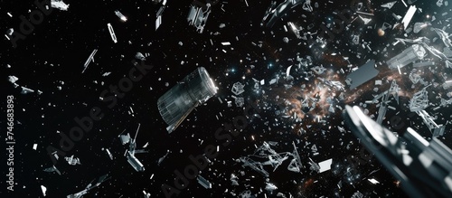 A black and white representation of shattered glass within a sci-fi space debris collector, showcasing the futuristic technology used to clear space debris in a sci-fi setting.