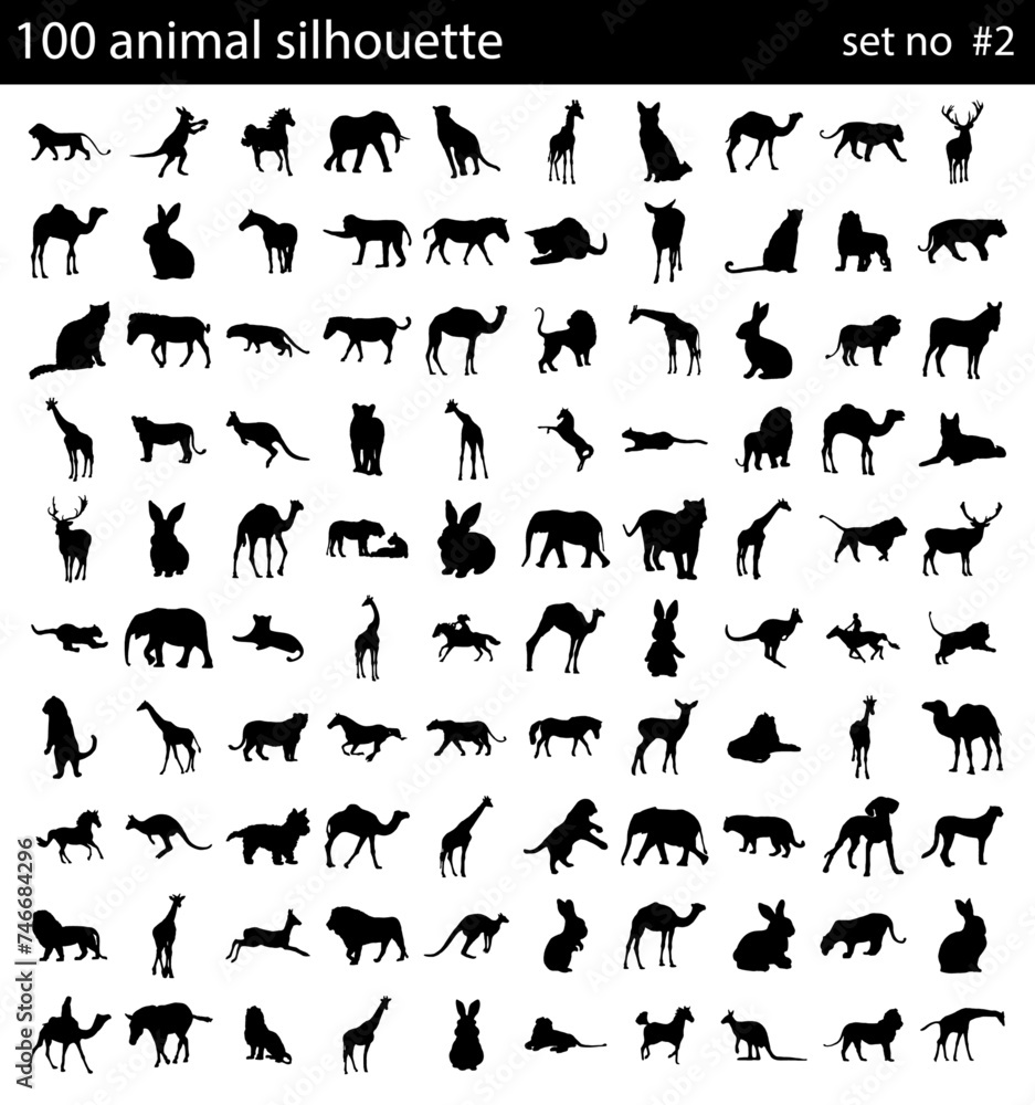 Obraz premium Vector set of 100 very detailed animal silhouettes. Animals icon set with 100 vector. Simple filled farm icons isolated on a white background. Good for apps and web sites. all animal set vector