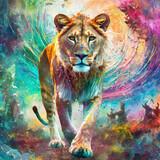 The lion, the king of the jungle, is walking on a hill while looking for prey in his territory. Abstract colorful background