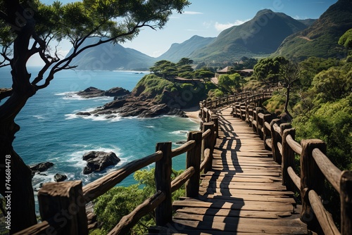 a wooden walkway leads towards the ocean on an island, in the style of punk, mountainous vistas, webcam photography, vibrant, lively, hikecore, solarizing master, skillful photo